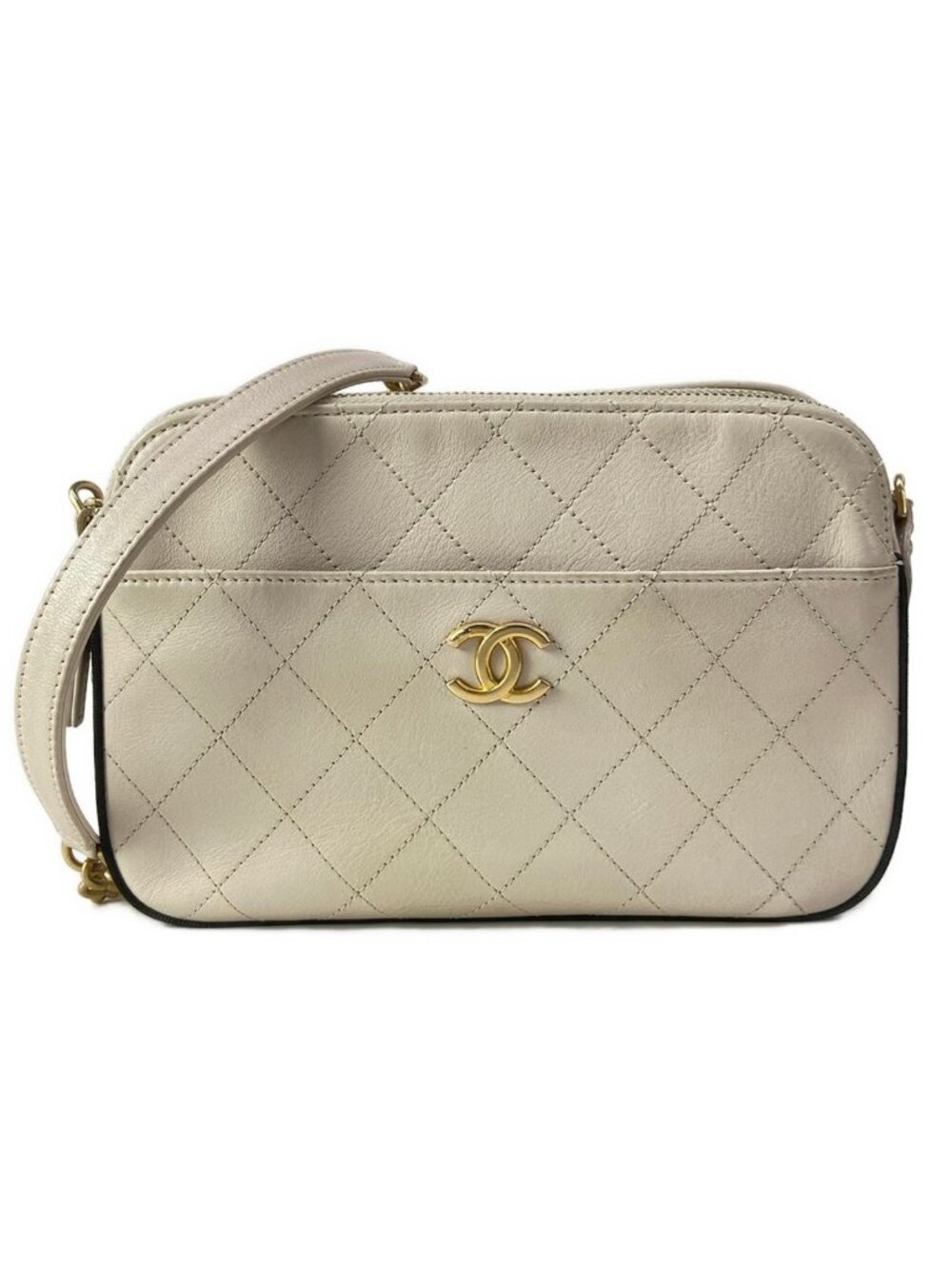 Chanel Shoulder Bag Quilted Beige Coco Buttons Gold Chain
